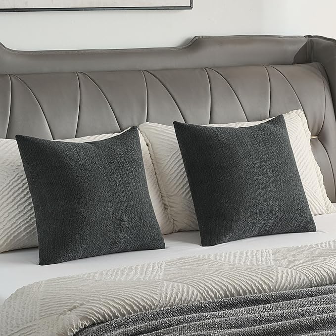 FUTEI Black Chenille Throw Pillow Covers 12x20 Inch Set of 2,Soft Striped & Diamond Textured Lumbar Pillow Cases,Modern Home Decor for Couch Living Room