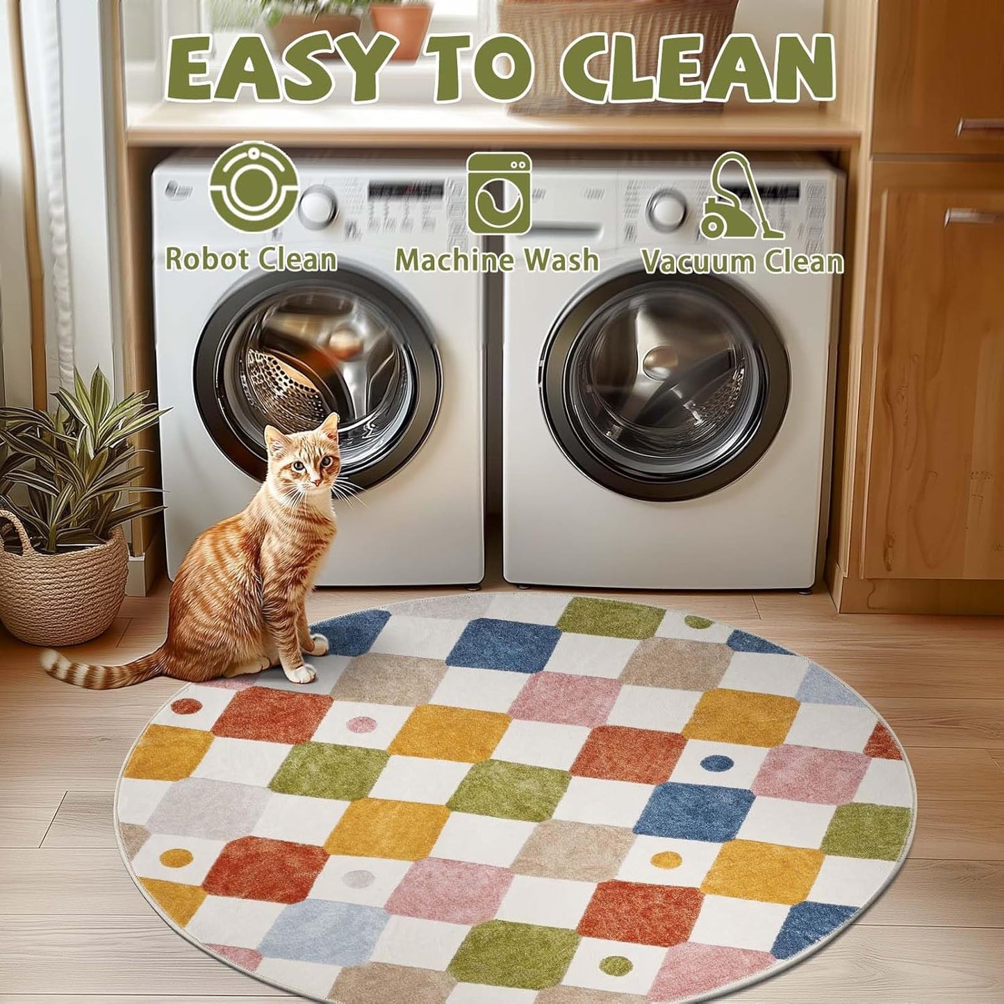 jinchan Round Rug 5ft Kids Washable Rug Indoor Floor Cover Non-Slip Soft Elementary School Classroom Modern Colorful Diamond Carpet for Nursery Daycare Bedroom Playroom Living Room Circus on Cream