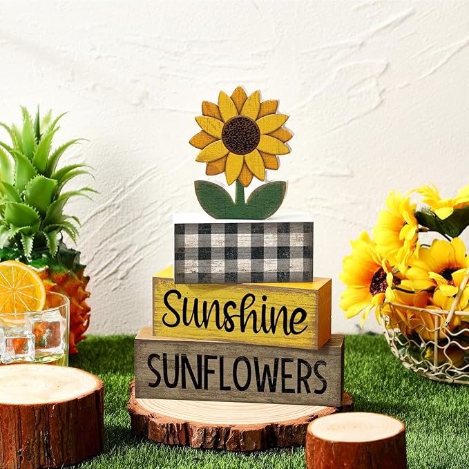 Yuntau 4 Pcs Sunflower Decorations Sunflower Wooden Sign Sunshine Table Centerpiece Summer Tiered Tray Decor Decorative Faux Book Stack Block for Coffee Table Fireplace Mantel Floating Shelf