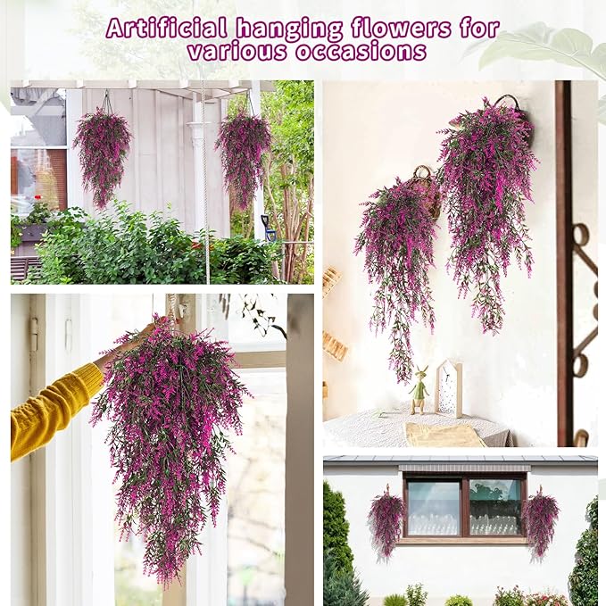 SJL Artificial Flowers for Outdoors Fake Hanging Plant Spring Fake Greenery UV Resistant Artificial Plant Faux Lavender Flower Hanging Greenery Vine for Wedding Farmhouse Porch Shelf Decor (Fuchsia)