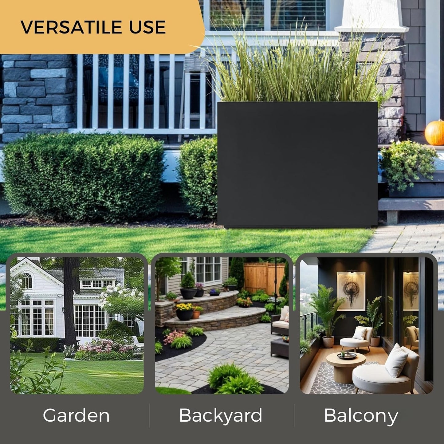 Tall & Long Metal Planter with Middle Shelf, 36W x 11D x 30H Large Rectangular Outdoor Planter Box, Span Divider for Garden, Patio, Yard | Easy 5-Min Assembly, Drainage Holes, Adjustable Feet, Black