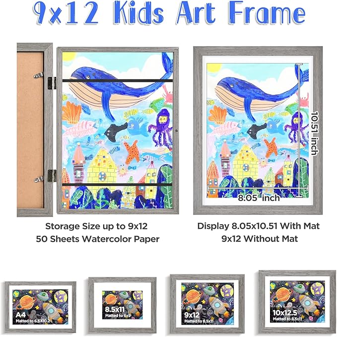 KINLINK 9x12 Kids Art Frame Set of 2, Solid Wood Kids Artwork Frames Changeable with Front Opening Hold 150 Pictures, Art Frames for Kids Art with Mat,without Mat 9x12 Picture Frame Grey