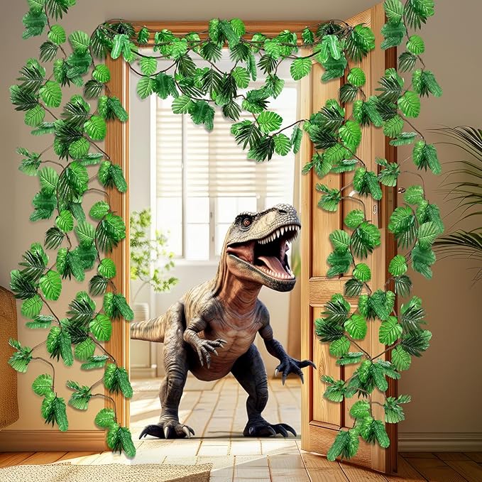 Preboun 102 Pcs 20 ft Jungle Theme Party Decorations Tropical Rainforest Leaves Safari 2026 VBS Artificial Rattan Vines Decoration with 100 Pcs Fake Tropical Palm Leaves for Indoor Outdoor Decor