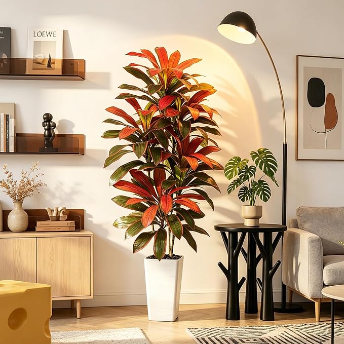 Artificial Red Dracaena Tree - 6FT Tall Fake Plants with White Tall Planter - Artificial Plants Indoor Floor Plant in Pot - Large Tropical Fake Yucca Potted Tree for Home Office Living Room Decor