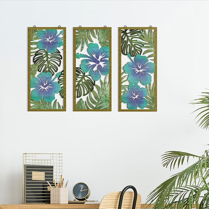 Threehoney 3 Pcs Tropical Wall Decor 3d Wooden Palm Leaf Wall Art Monstera Sculptures Wood Hibiscus Flowers Hanging Decor Vintage Plant Plaque for Home Bathroom 7.09 x 15.75 Inch(Fresh Style)