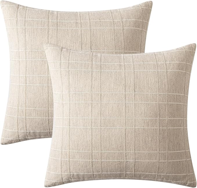 MIULEE Decorative Linen Check Throw Pillow Covers Neutral Farmhouse Vintage Pillow Covers 20x20 Set of 2 Boho Modern Home Decor for Sofa Couch Bedroom Cushion Natural Beige