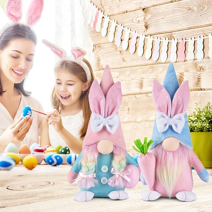 Eimilaly Easter Bunny Gnomes for Pink Blue Decorations, Tomte Gnomes Set Ornaments for Garden or Easter Theme Party Gnome Decor - 2PCS
