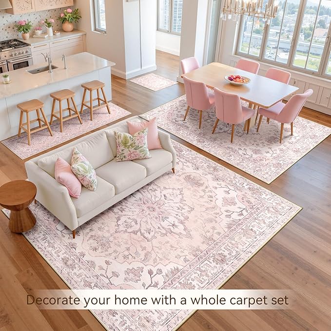 RELEANY Area Rugs 5'x7' Washable Non-Slip, Floral Vintage Distress Print Pattern Medallion Carpet for Living Room Bedroom Dining Room, Pink Greypink Cute