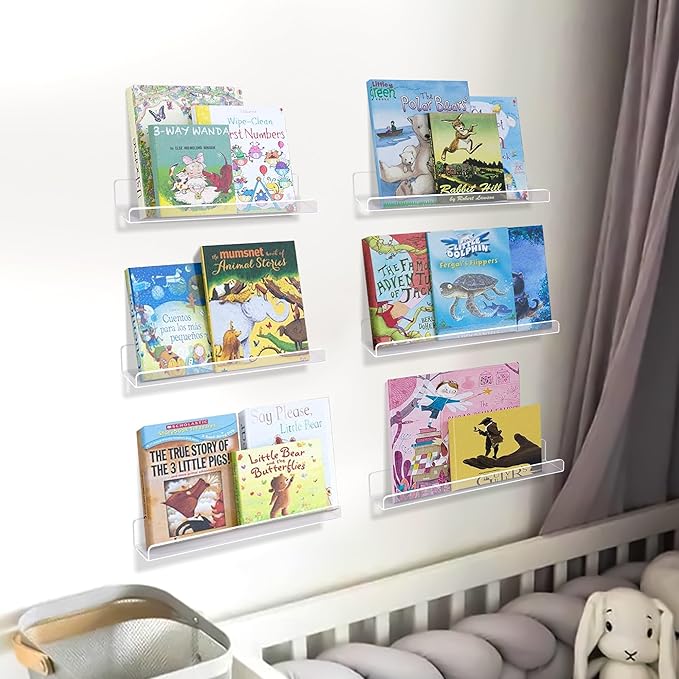 upsimples 10 Pack Clear Acrylic Shelves, 1.7" x12" Clear Wall Shelves for Nail Polish, Vinyl Wall Mount, Record Holder, Magazine Rack, Comic Display, Picture Ledge Shelf Décor
