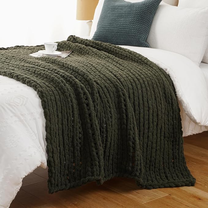 Battilo Olive Green Chunky Knit Throw Blanket, Soft and Thick Green Chenille Throw Blanket, 50"x60" Handmade Cable Knit Crochet Blanket, Rope Knot Knitted Throw Blankets for Couch Sofa Home Decor