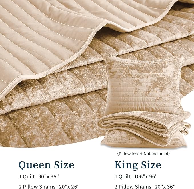 Luxury Soft Velvet Quilt Set Queen Size - Lightweight Velvet Bedding Set for All Season, Oversized Bedspread Coverlet Comforter Set with 2 Pillow Shams, Beige Brown, Striped