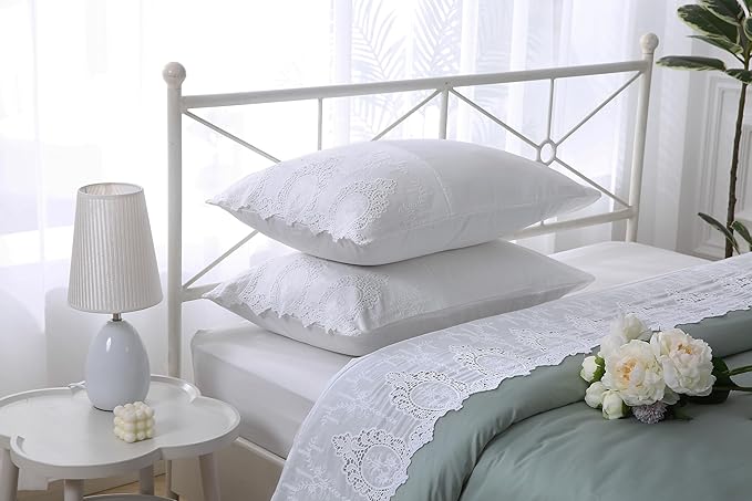 2-Pack White Hollowed Out Lace Pillowcases Battenburg Lace Pillow Shams French Luxury Elegant Look 100% Cotton Standard Size