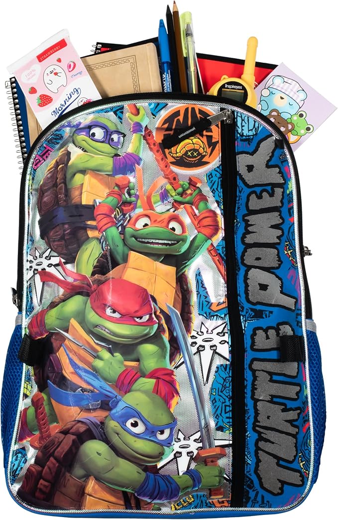 AI ACCESSORY INNOVATIONS Teenage Mutant Ninja Turtles 5 PC Backpack Set, Raphael, Leonardo, Donatello, & Michelangelo 16” School Bag, TMNT Bookbag, Blue
