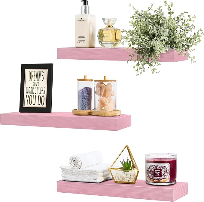 Sorbus Floating Shelves for Wall – 16 Inch Floating Shelf for Kitchen, Bedroom, Living Room, Bathroom, Home & Wall Decor - Mounted Bathroom Shelves with Invisible Brackets (Soft Pink, 4 Pack)