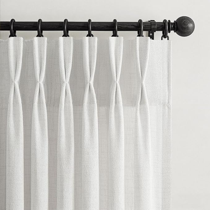 120 Inch Extra Long Pinch Pleated Semi Sheer Curtains 4 Panels Set for Living Room, Off White Memory Trained Linen Light Filtering 10 FT Length Floor to Ceiling Elegant Window Curtain & Drapes Rings