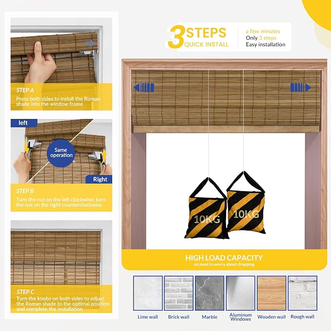 No Drill No Tools Bamboo Roman Shades, Cordless Light Filtering Window Blinds with Valance, Natural Woven Wood Shades for Living Room Dining Room, Camel(Sheer-View), 22" W x 64" H