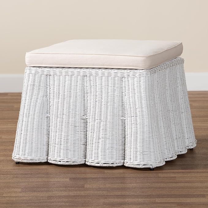 Bali & pari Palm Bohemian White Scallop Rattan Ottoman