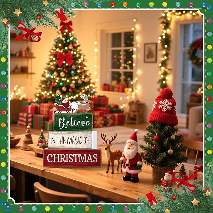 Lineshading 4 Pcs Christmas Table Decoration Wooden Santa Claus Decor Christmas Tiered Tray Decor Decorative Santa Claus Elk Block Sign Gift Farmhouse Xmas Table Centerpiece for Home Kitchen Shelf