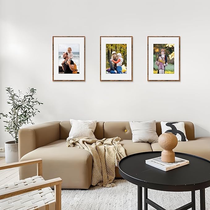 Picrit A3 Picture Frame Set of 12, Display 8.3x11.7 with Mat or 11.7 x 16.5 without Mat, Photo Frames for Wall Mounting Display, Brown