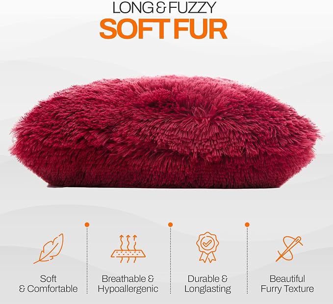 Cheer Collection Throw Pillows for Couch and Bed, Soft Shaggy Throw Pillows with Inserts Included, Cozy Long Hair Faux Fur Pillows - Set of 2-20" x 20" - Maroon
