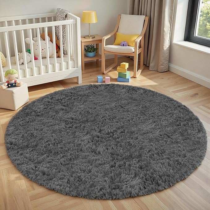 Dark Gray Round Fluffy Rug 5ft Plush Fuzzy Shaggy Carpet,Soft Rugs for Living Room for Nursery,Preppy Dorm,Classroom,Playroom,Teen,Baby Home Decor (Dark Gray 5"x5")
