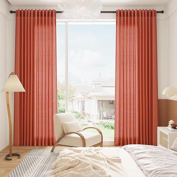 Nanspring Coral Linen Curtains 108 Inches Long 2 Panels Set Back Tab Loop Pocket Light Filtering Semi Sheer Boho Large Window Decor Extra Long Drapes for High Ceiling Living Room 52x108