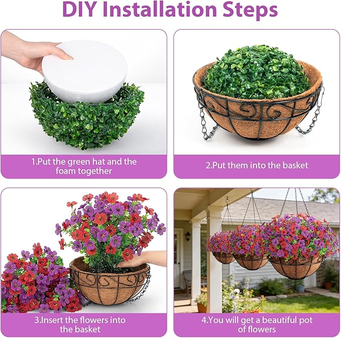 Artificial Fake Hanging Flowers Plants Basket Outdoors, Faux Silk UV Resistant Look Real Daisy Eucalyptus for Spring Summer Garden Porch Home Patio Balcony Yard Decorations, Red Purple