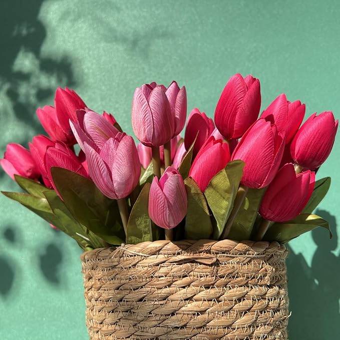 Artificial Fake Flowers for Spring Summer Outdoor Decoration,6 Bundles Realistic UV Resistant Silk Fabric Colorful Tulip Faux Plants for Outside Planter Home Porch Patio Decor(Pink Purple)