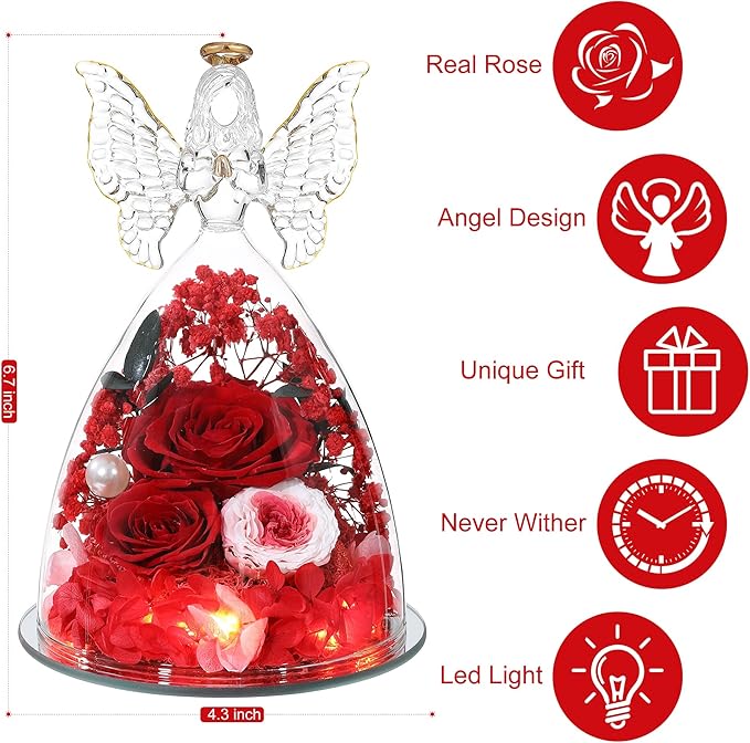 Mothers Day Rose Gifts for Women Preserved Real Flower in Glass Angel Figurines Roses for Delivery Prime Birthday Gifts for Mom Grandma Girlfriend Wife Her,Red Pink Austin Roses