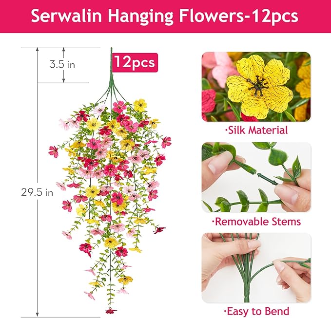 Serwalin 12PCS Artificial Hanging Flowers for Outdoors, UV Resistant Fake Hanging Plants, Realistic Weatherproof Outdoor Decor for Patio, Porch, Garden & Window (Yellow, Hot Pink & Pink,12PCS)