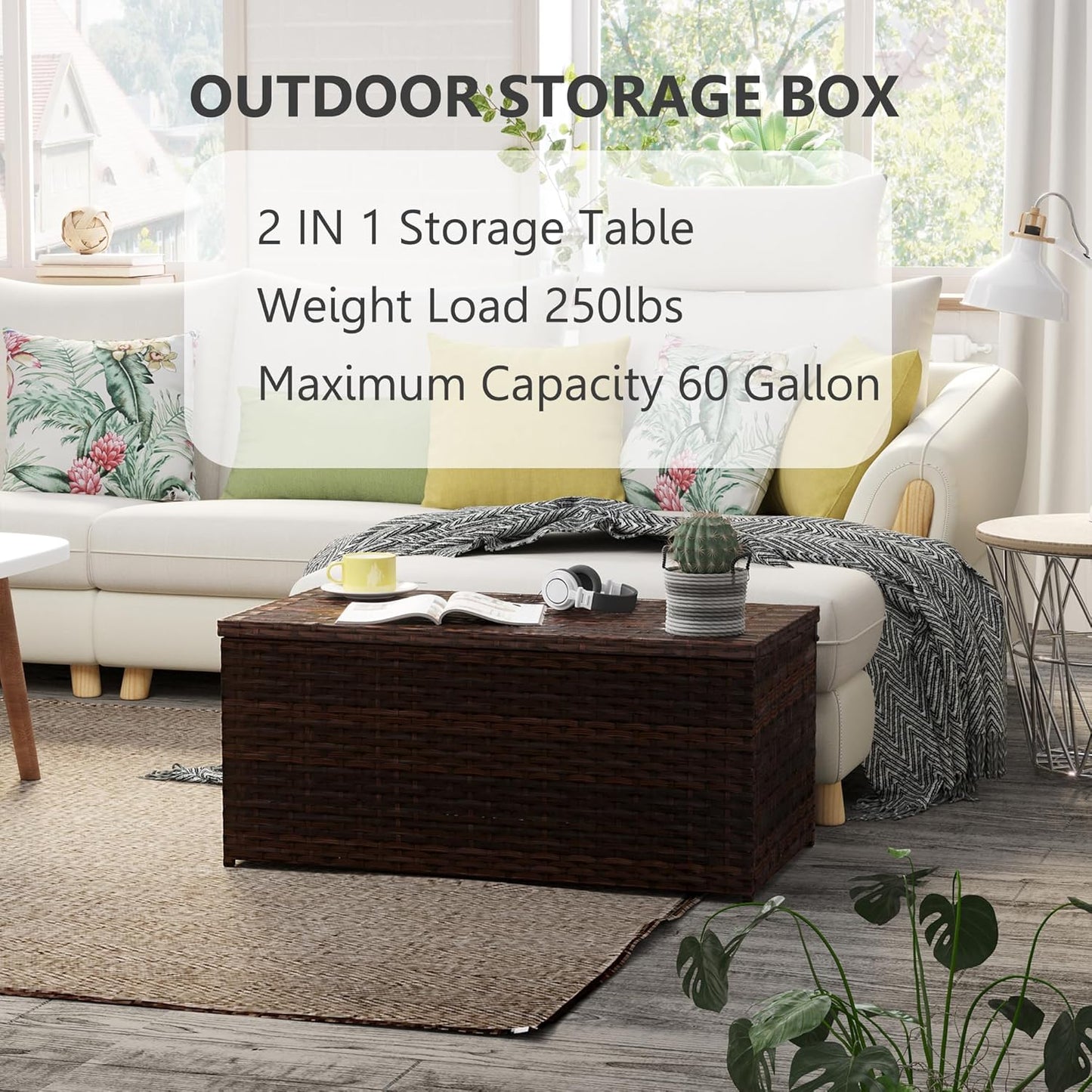 Outdoor 70 Gallon Wicker Storage Box with Waterproof Liner, Patio PE Rattan Storage Container for Outside, Deck Box with Hinged Lid for Cushions, Pillows, Towels, Horizontal Bin, Brown