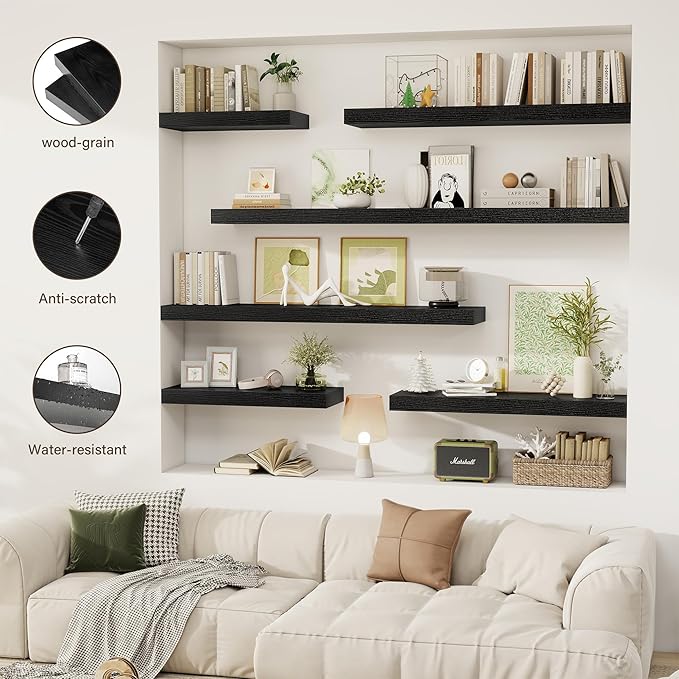 Acovy 48 Inch Floating Shelves, 12" Deep Floating Shelf Wall Mounted, 48" Wall Shelves, Rustic Deep Bookshelf, Extra Deeper & Thicker Display Shelves for Bedroom, Living Room, Black, Set of 2