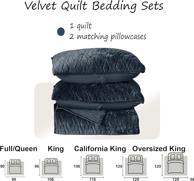 Velvet Quilt Set Oversized King Size 120x120 Bedspread with 2 Pillow Shams Ultra Soft Polyester Bedding All Season Decor for Bedroom Guest Room Hotel Retro Pastoral Home Decor, Blue Gray