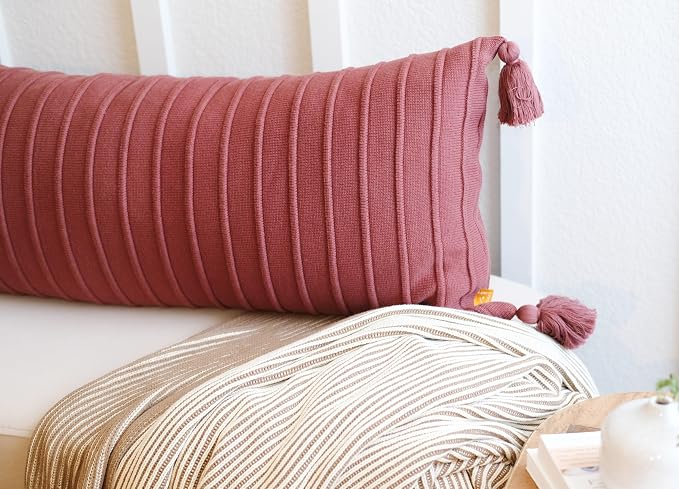 14x36 Boho Cotton Knit Lumbar Pillow Cover – Extra Long Ribbed Texture with Decorative Tassels – Burgundy, Maroon, & Vintage Wine