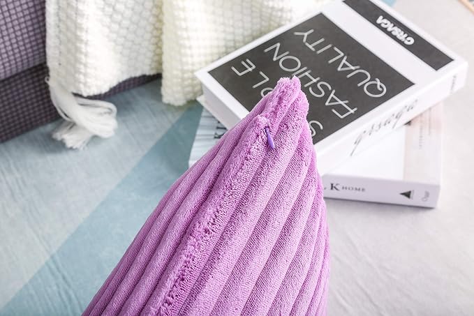 TangDepot Velvet Big Corduroy Pillow Covers 12x12 Light Purple 2-Pack | Soft wide-stripe corduroy pillow cover, hidden zipper, machine washable, easy refresh, for bedroom living room indoor outdoor