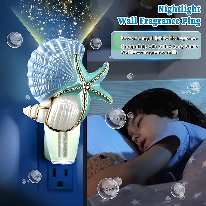 Hohean Wall Fragrance Plug in with Night Light Compatible with Bath & Body Works WallFlower Fragrance, Marine Style Essential Oil Diffuser Plug with Rotary Design (Shell Starfish Conch)