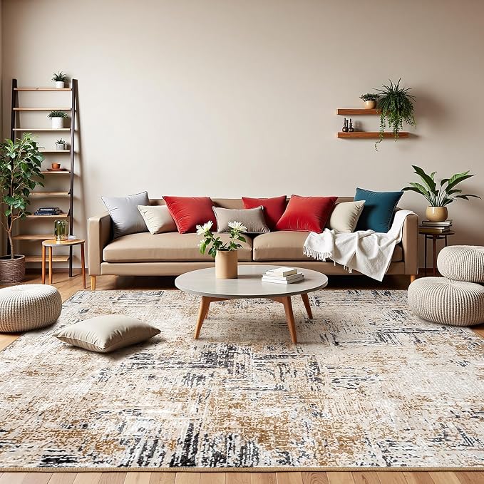 Rugflix 8x10 Washable Area Rugs, Neutral Boho Carpet Living Room Rug Non Slip Stain Resistant, Large Area Rug for Indoor Bedroom Dining Room Office, Brown