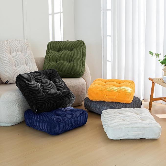 HIGOGOGO 6" Extra Thick Floor Pillow Cushion for Adults, Meditation Cushion Pillow, Large Square Floor Sitting, Tufted Corduroy Cover, for Tatami Living Room or Yoga, 22x22 Inch, 2Pack, Dark Green