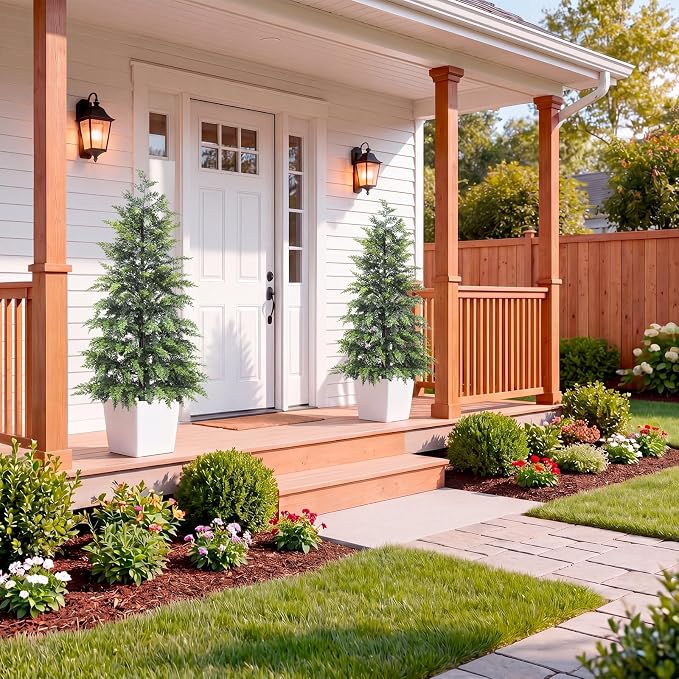 Outdoor Artificial Topiary Cedar Tree 4FT Real Touch Faux Pine Evergreen Shrub Plant UV Resistant Greenery Tree with Pot Realistic Cypress Front Porch Decor