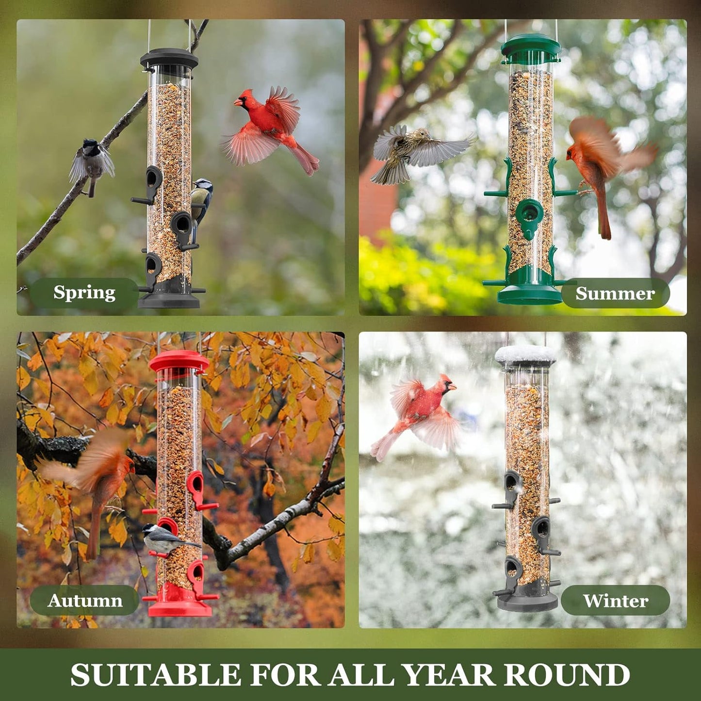 Kingsyard 2 Pack Tube Bird Feeders for Outdoors Hanging, Premium Hard Plastic Bird Feeder with 6 Feeding Ports, Weatherproof & Steel Hanger, Attracting for Wild Birds (Green)