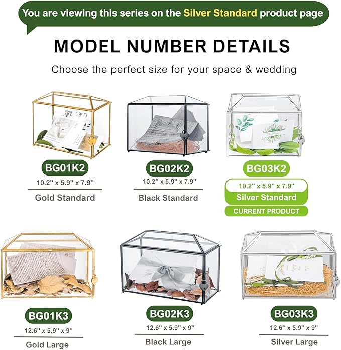 NCYP Small 10.2 x 5.9 x 7.9 Inches Silver Glass Cards Box with Slot and Lock for Wedding, Birthday Party - Geometric Card Holder, Home Decorative, Slot Length 6.3'' (Glass Box Only)