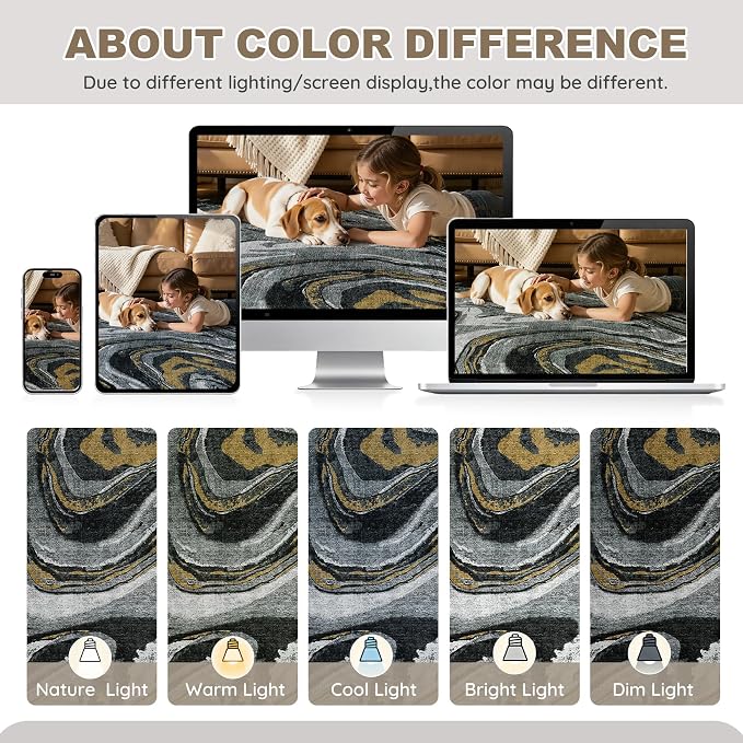 DMOYEST 5x7 Area Rug for Living Room - Washable Neutral Modern Abstract Rugs Soft Non-Slip Carpet Low Pile Indoor Floor Mat for Bedroom & Dining Room Decor for Families with Kids and Pet-Black Golden