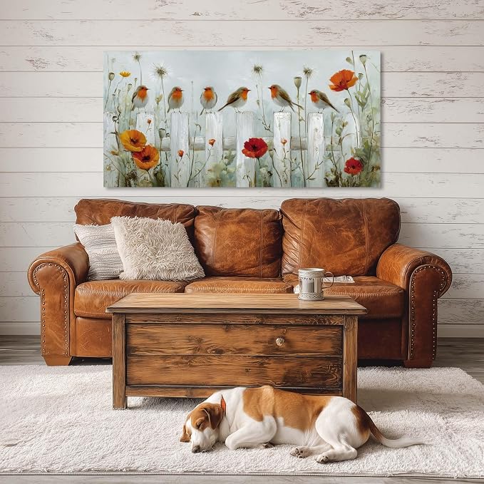 Ggaafet Garden Birds Wall Art for Bedroom Canvas Oil Painting Prints Cute Sparrow on Fence Art Deco Nature Artwork Office Family Dining Room Decor