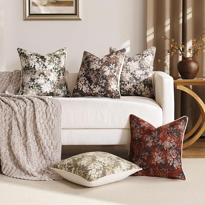 DEZENE Pack of 2 Vintage Floral Throw Pillow Covers 16x16 Boho Farmhouse Accents Chenille Square Decorative Pillow Cases for Living Room Couch Bed Home Decor, Dark Brown