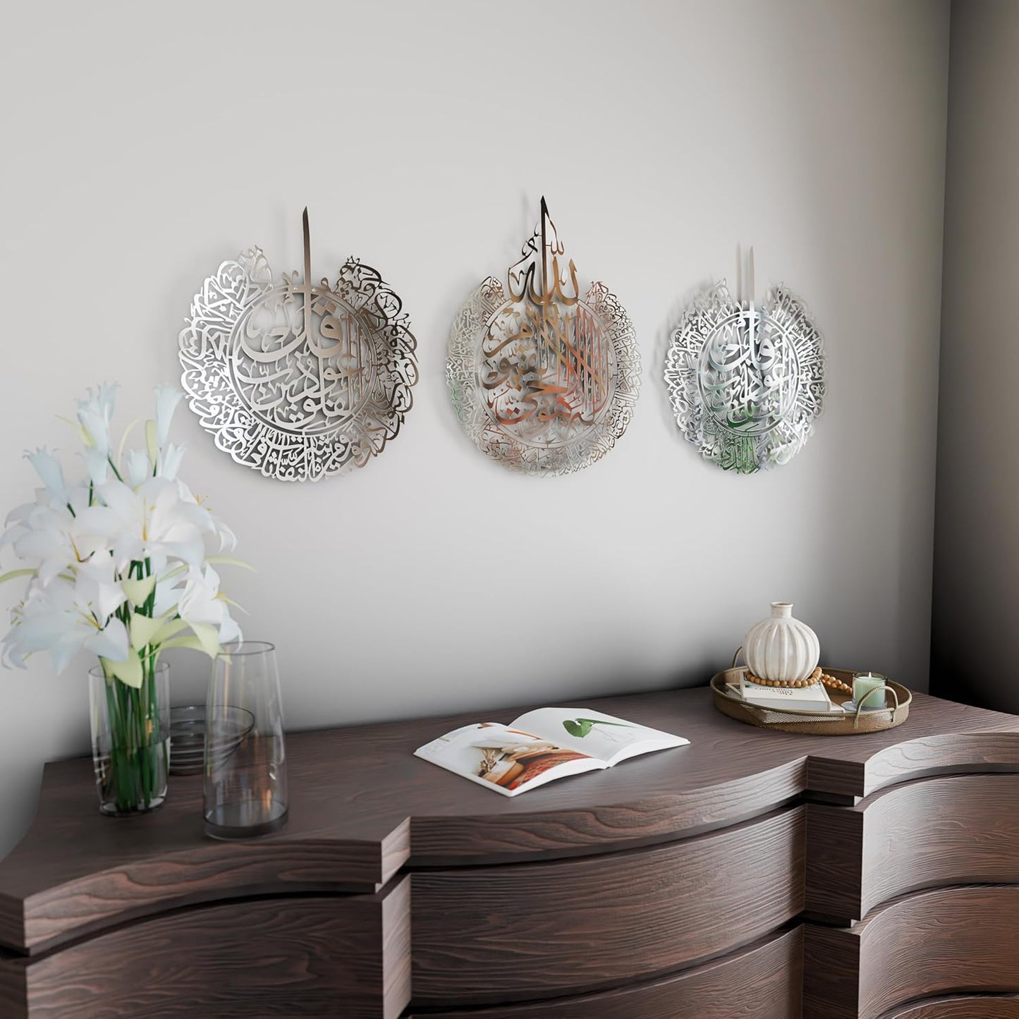 iwa concept Set of 3 Ayatul Kursi, Surah Al Falaq, Surah An Nas Islamic Metal Wall Art, Quran Wall Art, Arabic Calligraphy, Pray Room Decorations (M, Shiny Silver)