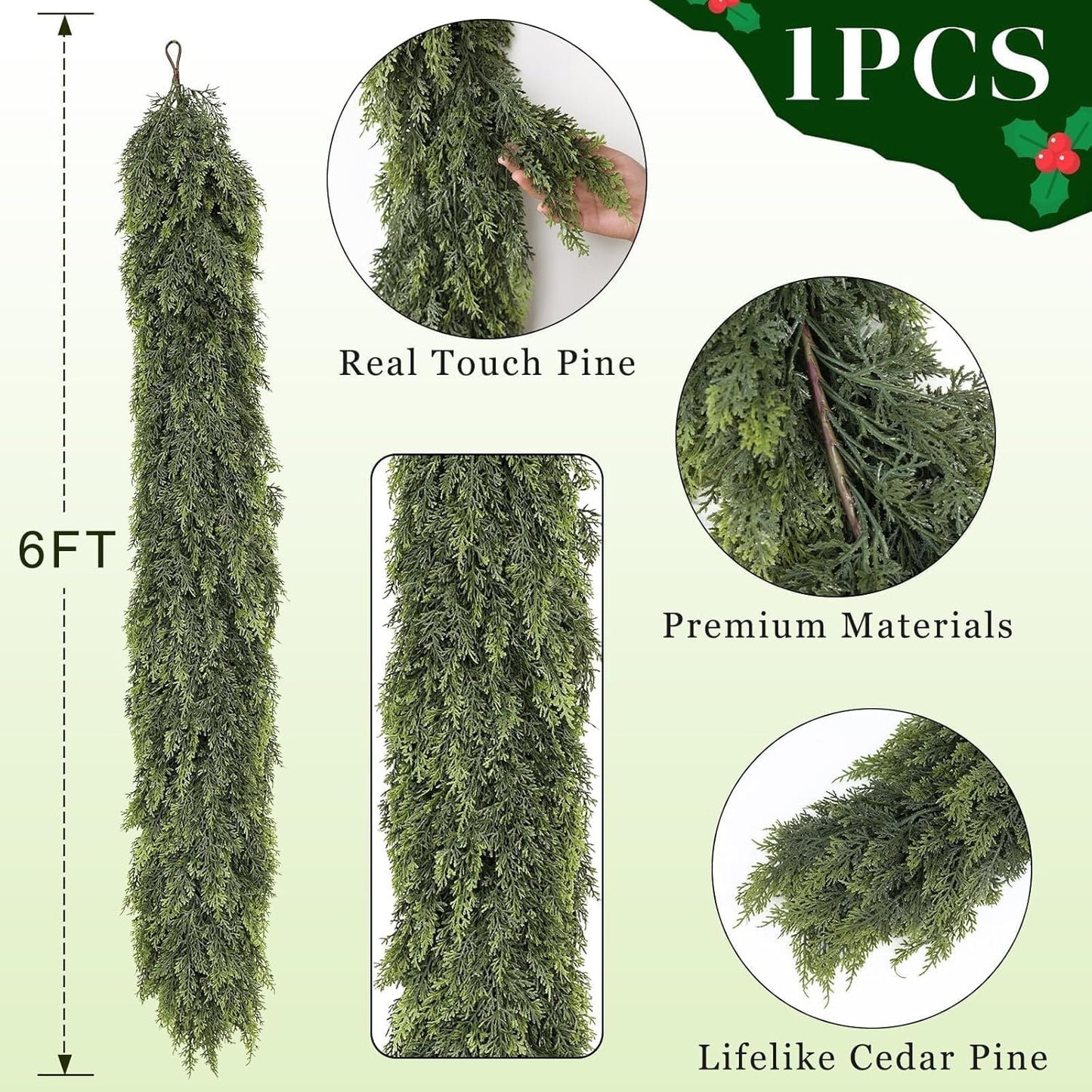 Real Touch Christmas Cedar Garland -6ft Artificial Garlands Faux Cedar Fake Pine Needles Garland for Fireplace,Table,Window,Stairs,Mante,Holiday Indoor Outdoor Xmas Decor(1PCS)