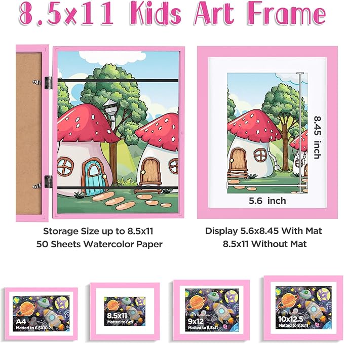 KINLINK 8.5x11 Kids Art Frame Set of 2, Solid Wood Kids Artwork Frames Changeable with Front Opening Hold 150 Pictures, Art Frames for Kids Art with Mat,without Mat 8.5x11 Picture Frame Light Pink