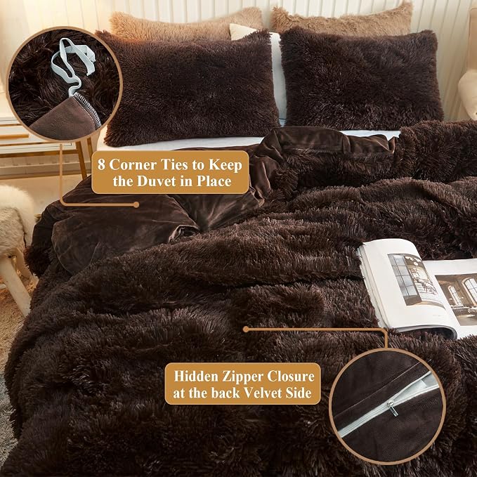 XeGe Plush Shaggy Brown Duvet Cover Set, Luxury Ultra Soft Velvet Fluffy Bedding Sets 2 Pieces(1 Faux Fur Furry Comforter Cover + 1 Fuzzy Faux Fur Pillowcase), Zipper Closure(Twin, Coffee)