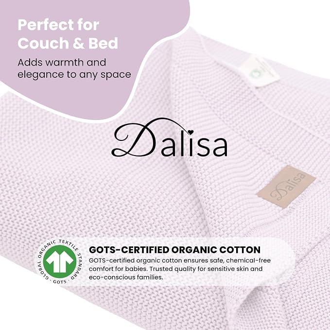 Dalisa 100% Organic Turkish Cotton Throw Blanket - GOTS Certified, Cozy - Perfect for Couch, Bed, and Home Decor - Boho Vintage Knit Alina (Lavender Frost, 50x60)