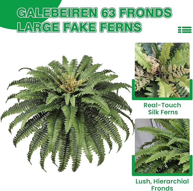 Artificial Ferns for Outdoors, 45" Large Faux Ferns 63 Fronds Fake Boston Fern Plant for Planter Garden Home Yards Farmhouse Decor Dark Green